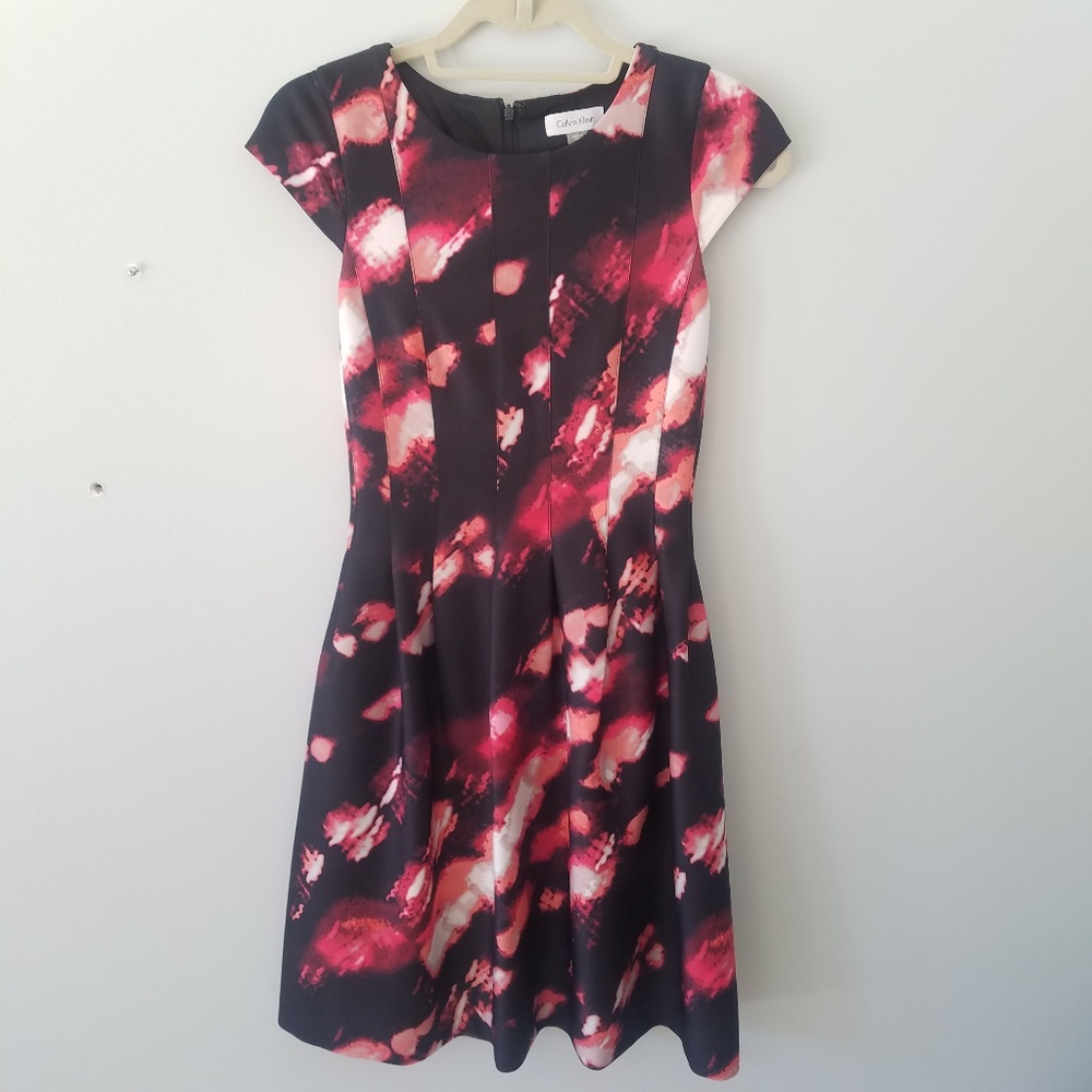 Calvin Klein Red Pink Floral Black Dress Size 2